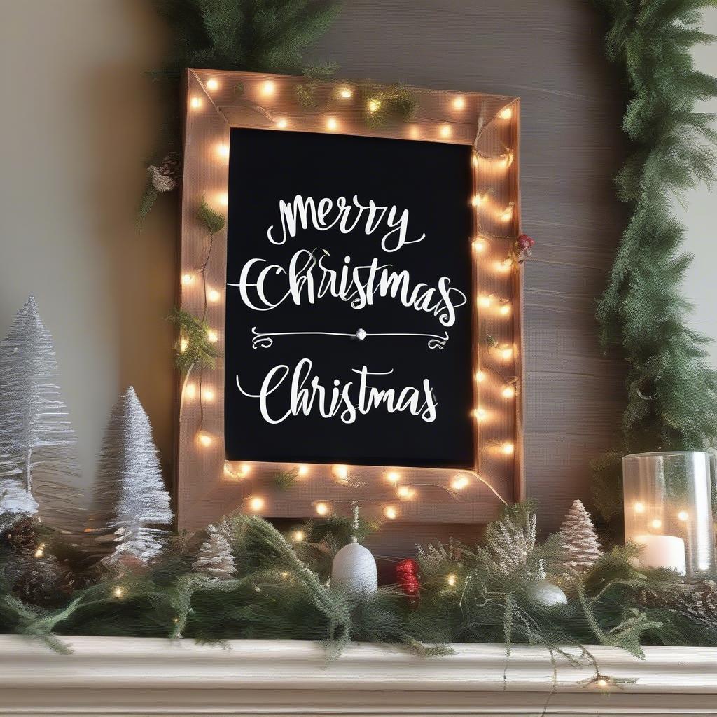 A rustic chalkboard Merry Christmas sign hanging on a farmhouse wall, decorated with greenery and fairy lights.