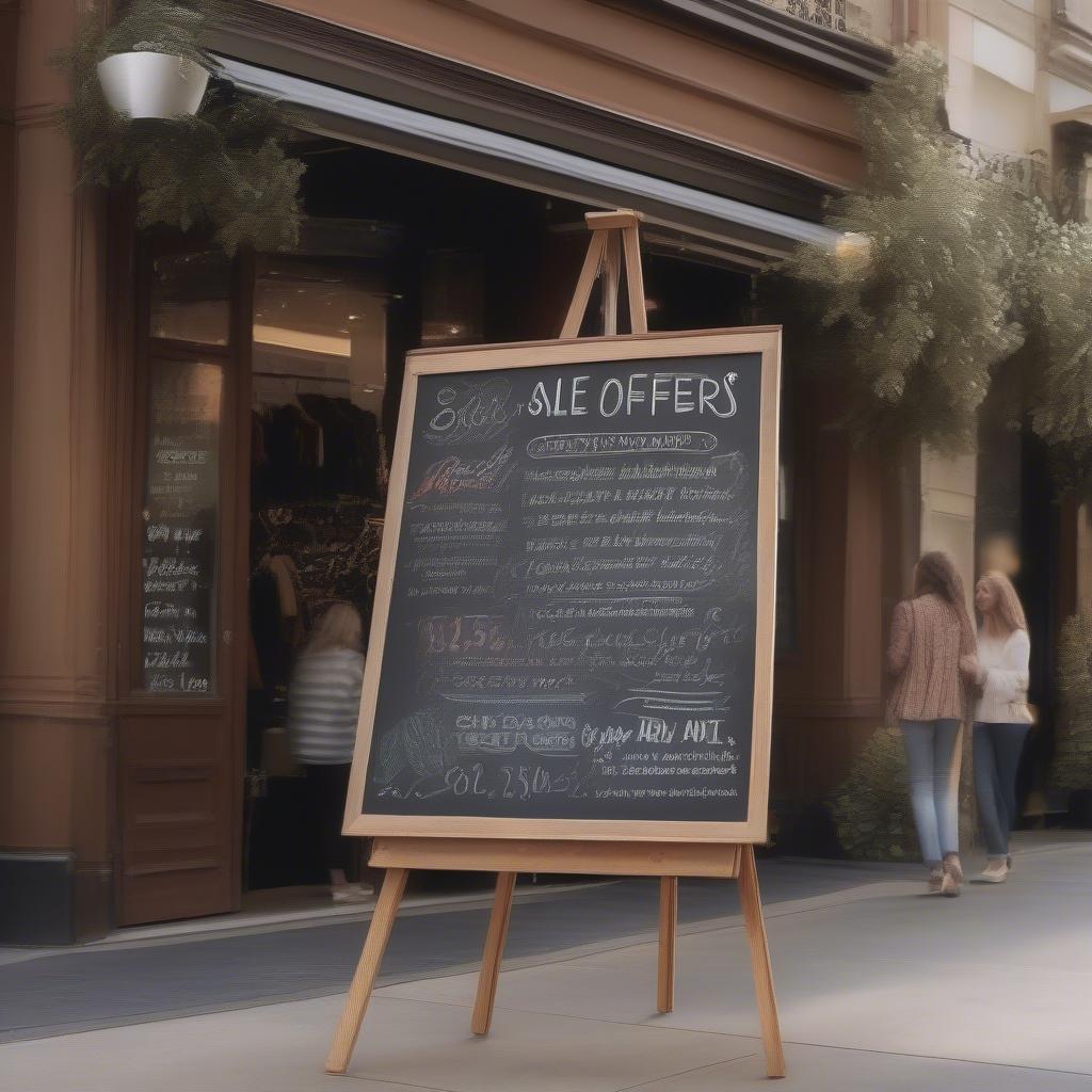 Chalkboard sale sign: A chalkboard easel stands outside a shop, advertising special discounts and seasonal offers.