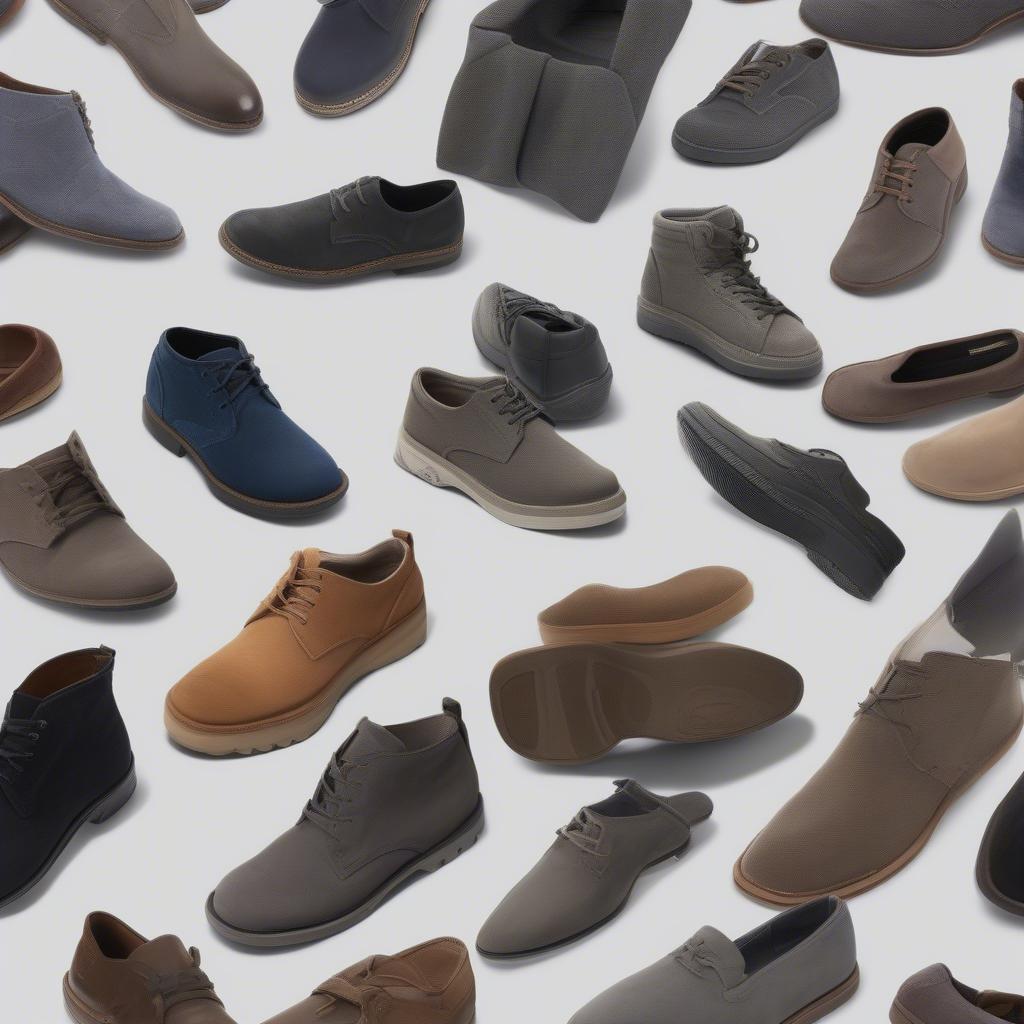 Different styles of charcoal shoes including sneakers, boots, and formal shoes