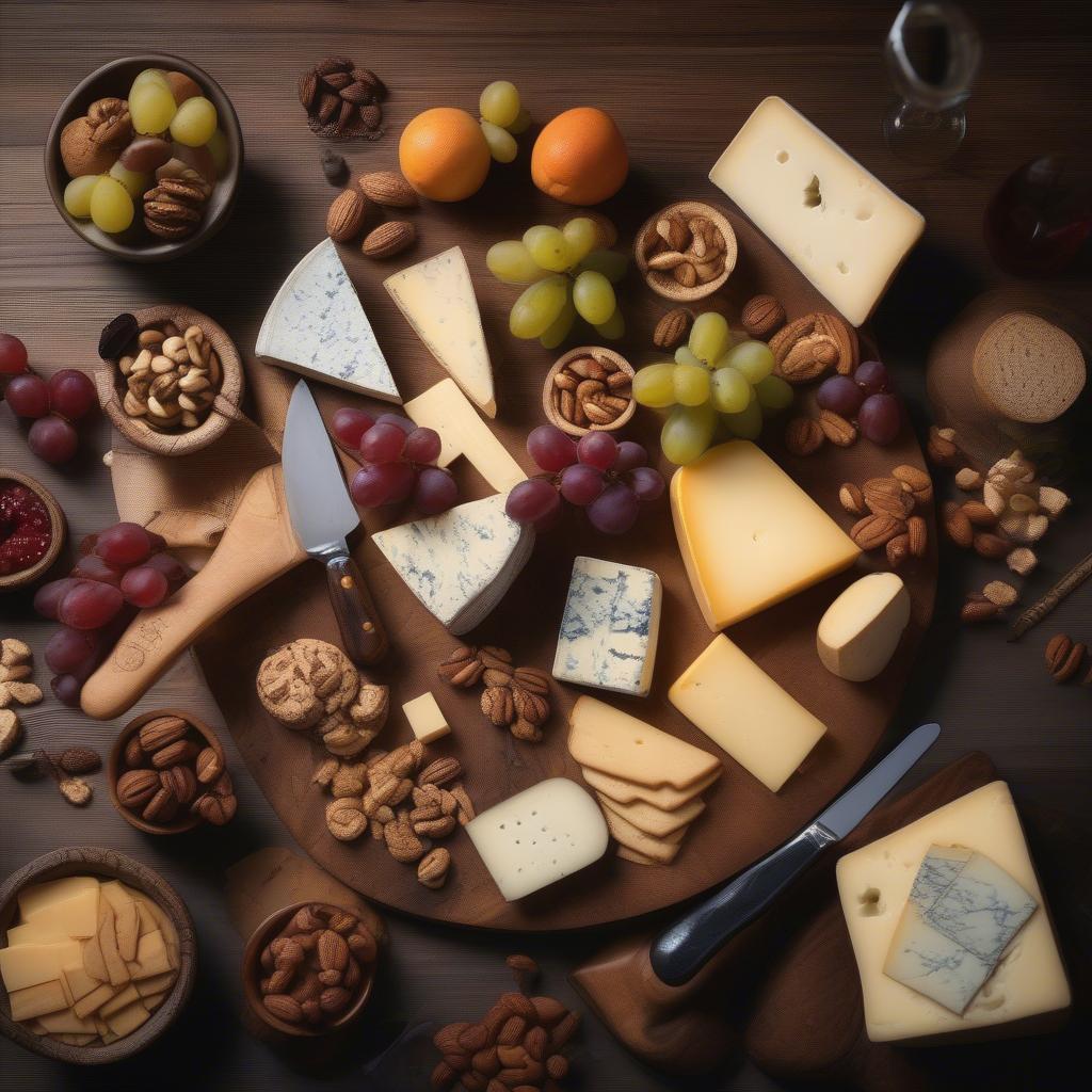 Cheese board and knife set arranged for a party, featuring a variety of cheeses, crackers, and fruits.