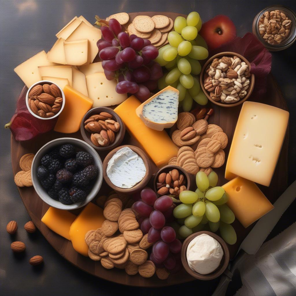 Cheese board with a variety of cheeses, crackers, and fruits, ready to serve.