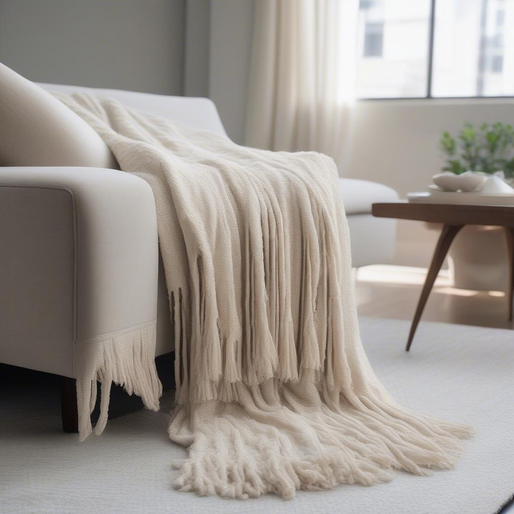 Chenille throw with fringe draped over a modern sofa in a living room