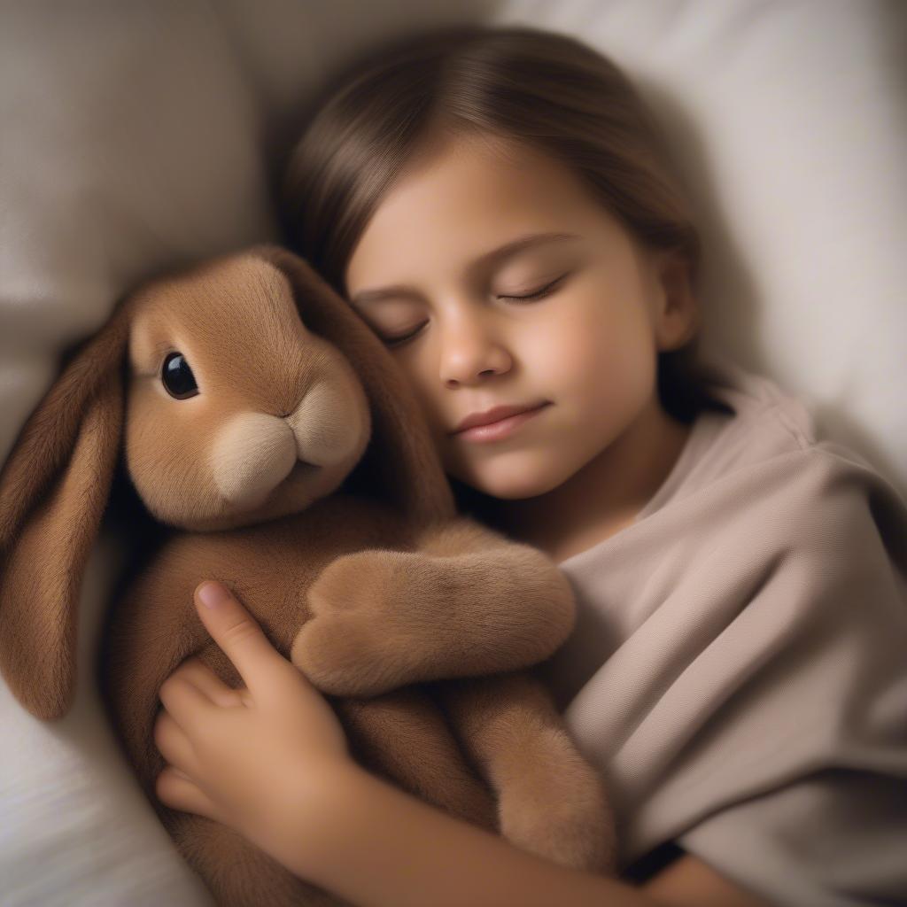 Child cuddling a warmie bunny