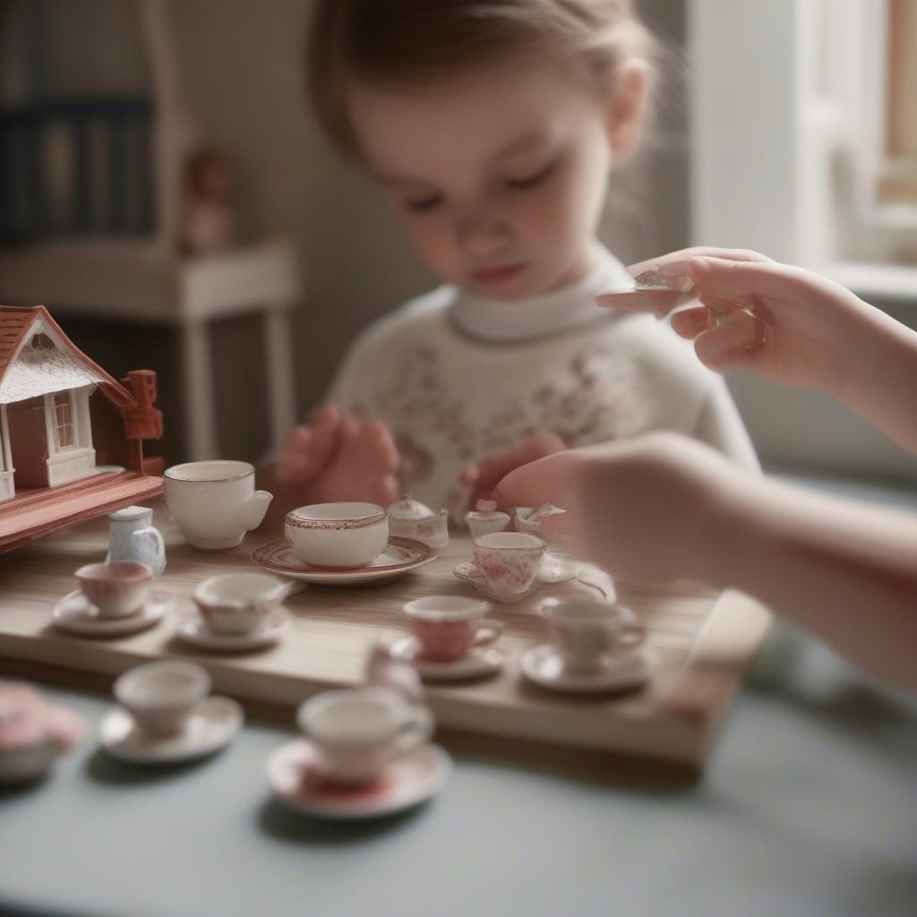 A child playing with a miniature tea set in a dollhouse.