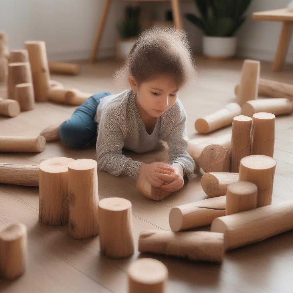 A child engrossed in building with wooden logs