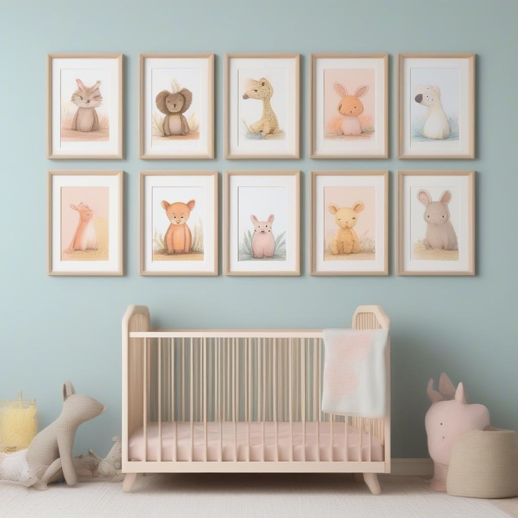 Children's art prints adorning the walls of a vibrant nursery