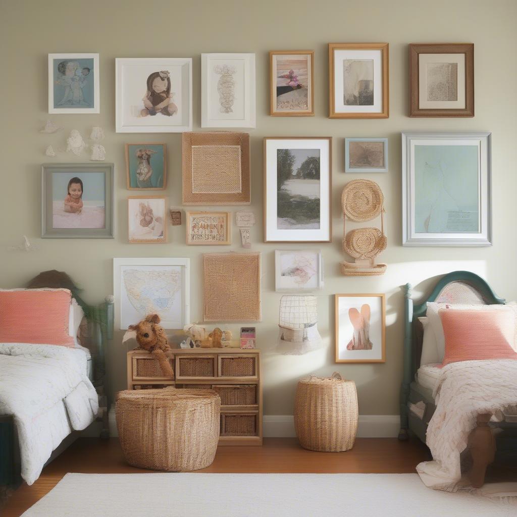 Children's room gallery wall with wicker accents