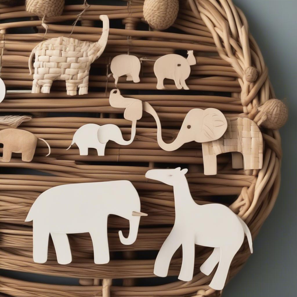 Children's room wall art featuring wicker animal motifs