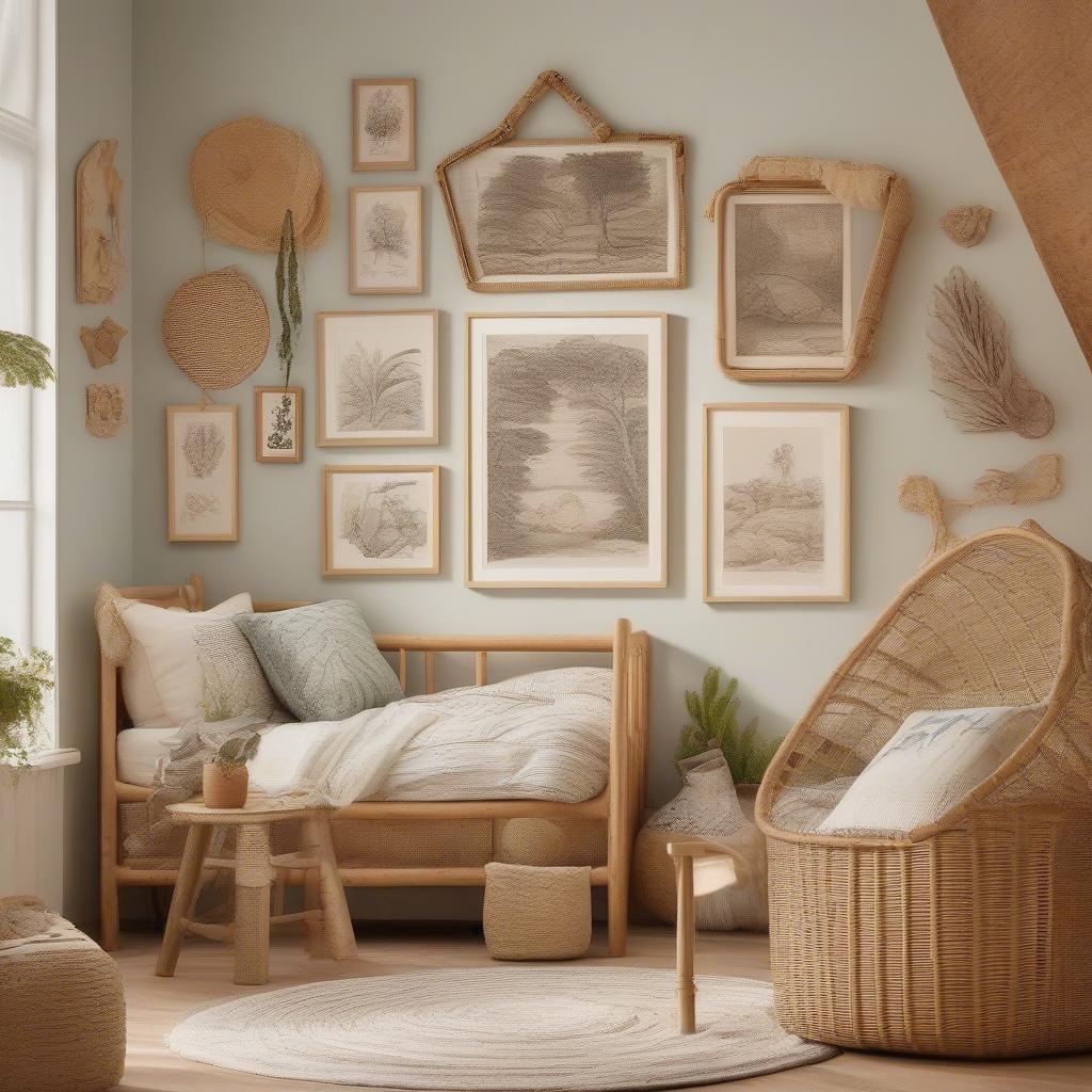 Children's wall art featuring nature-inspired prints in rattan frames