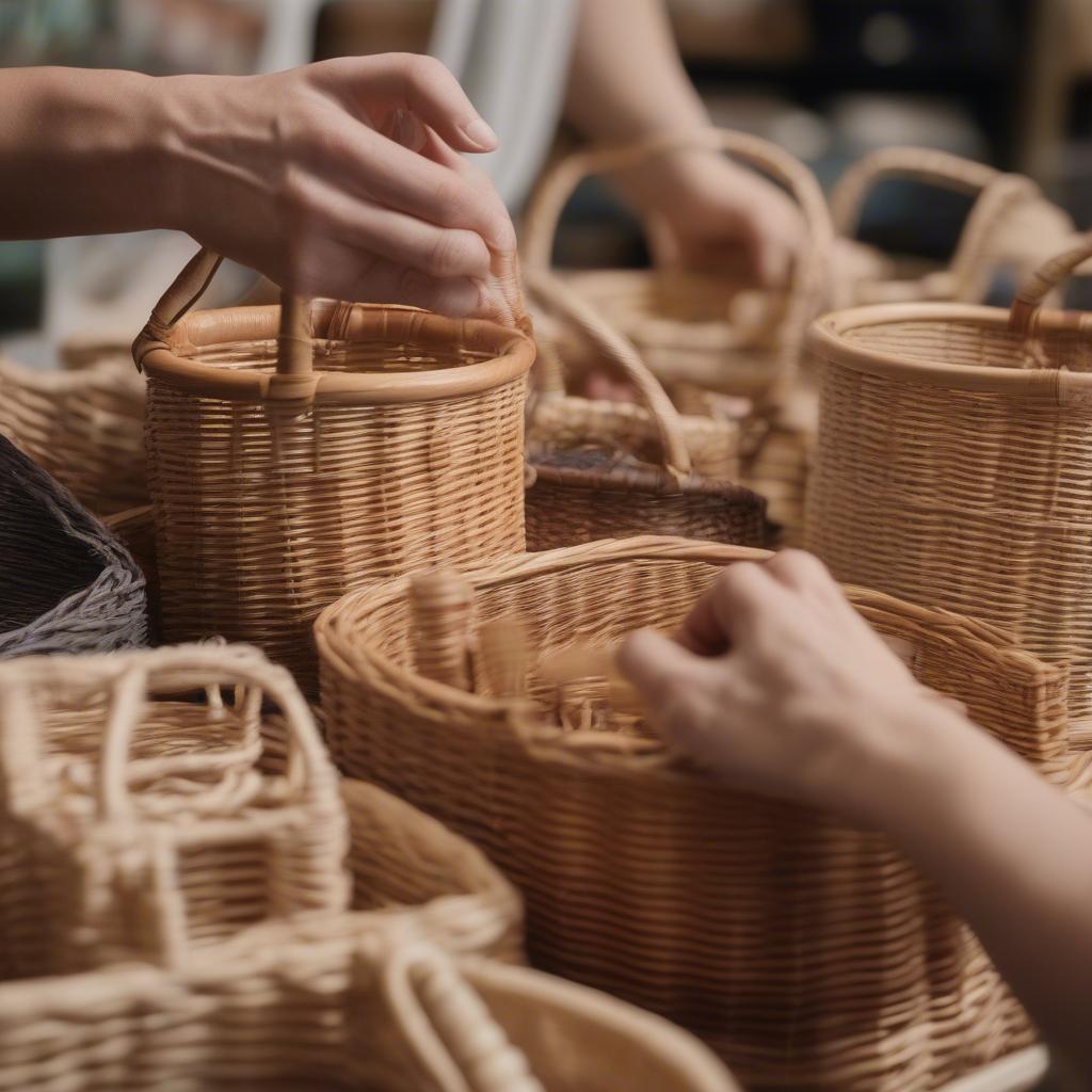 Choosing a wicker basket from a variety of styles and sizes.