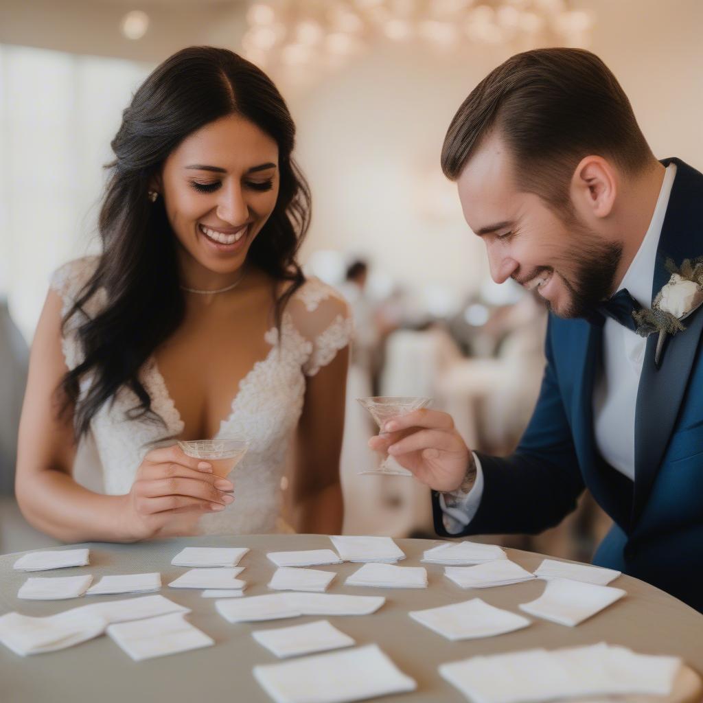 Bride and groom selecting personalized cocktail napkins