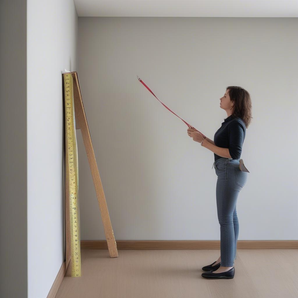 A person measuring a wall to determine the correct size for a wrapped canvas print