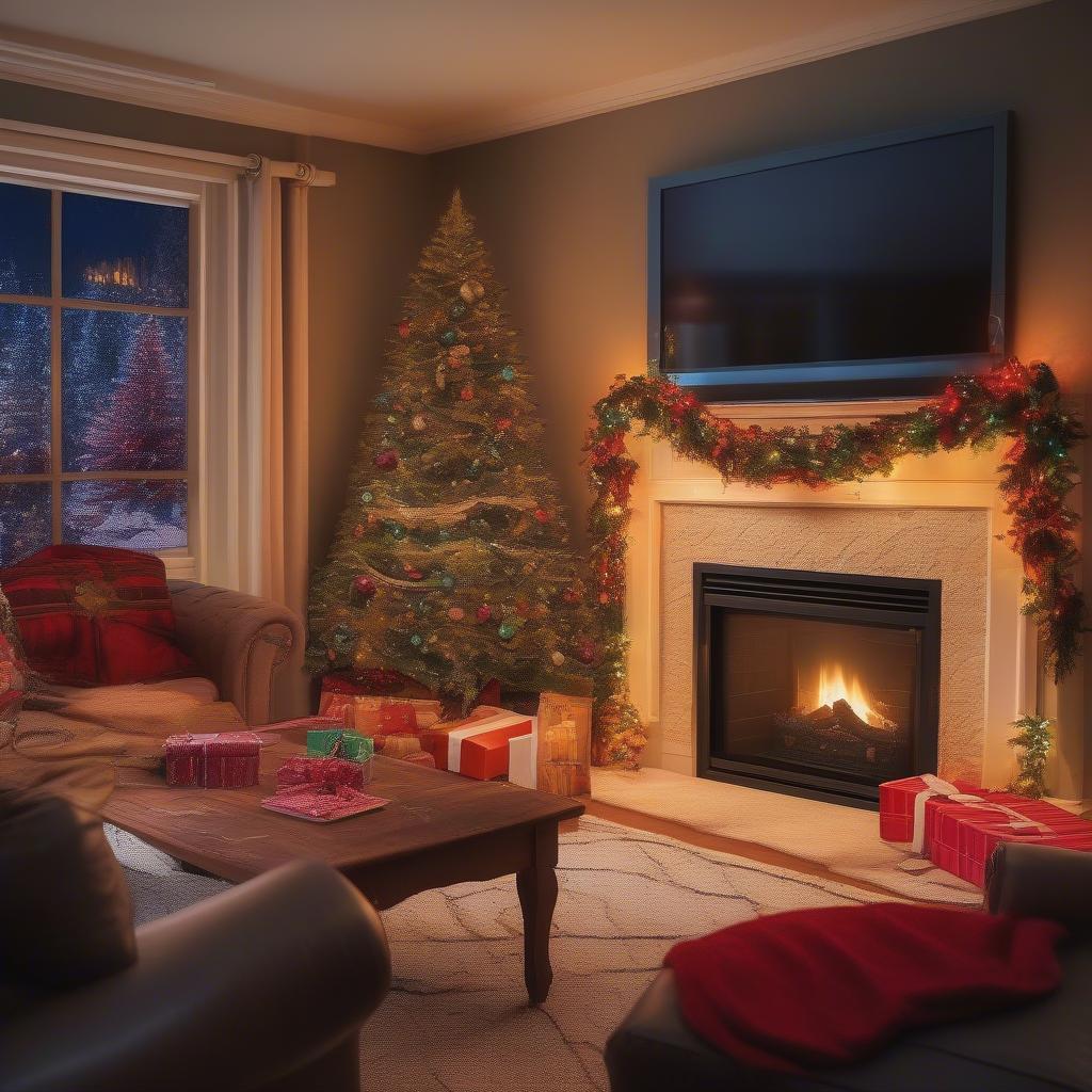 Christmas art displayed on a Frame TV in a festive living room setting