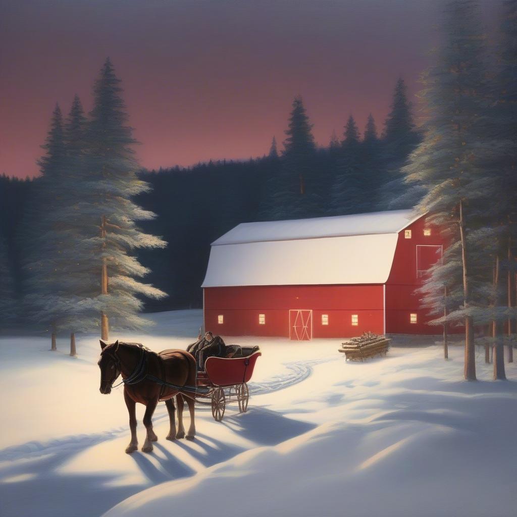 Christmas Barn Painting with Snowy Landscape