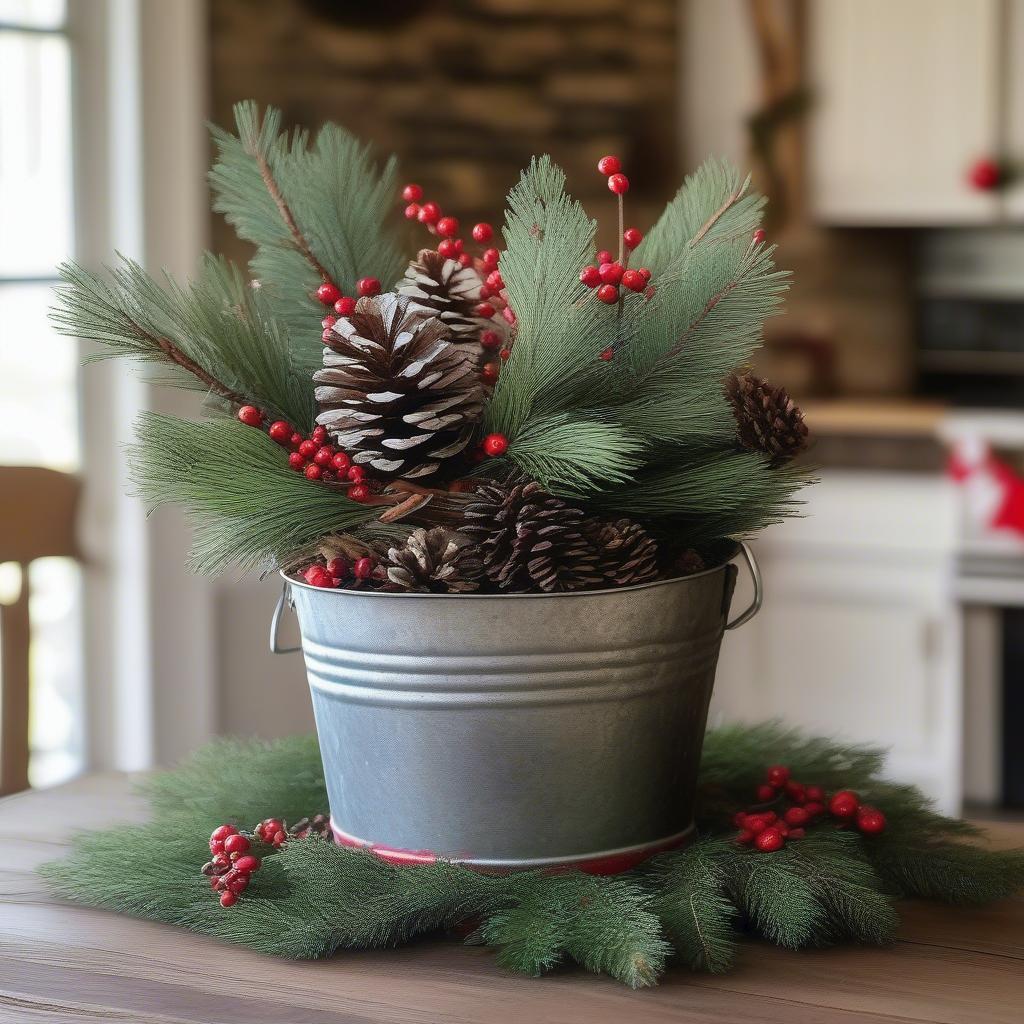 Christmas Bucket Centerpiece with Evergreens and Pinecones