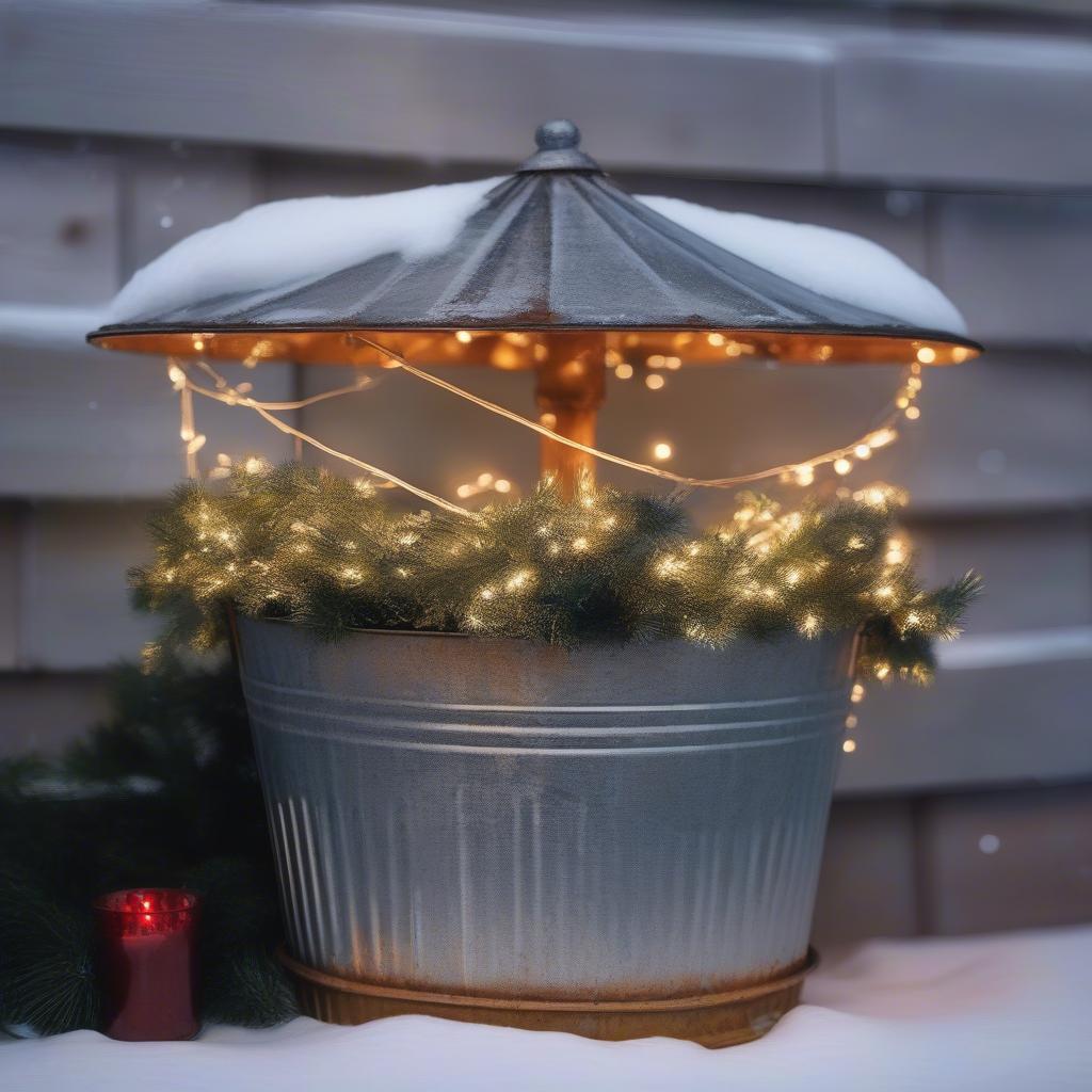 Christmas Bucket with String Lights