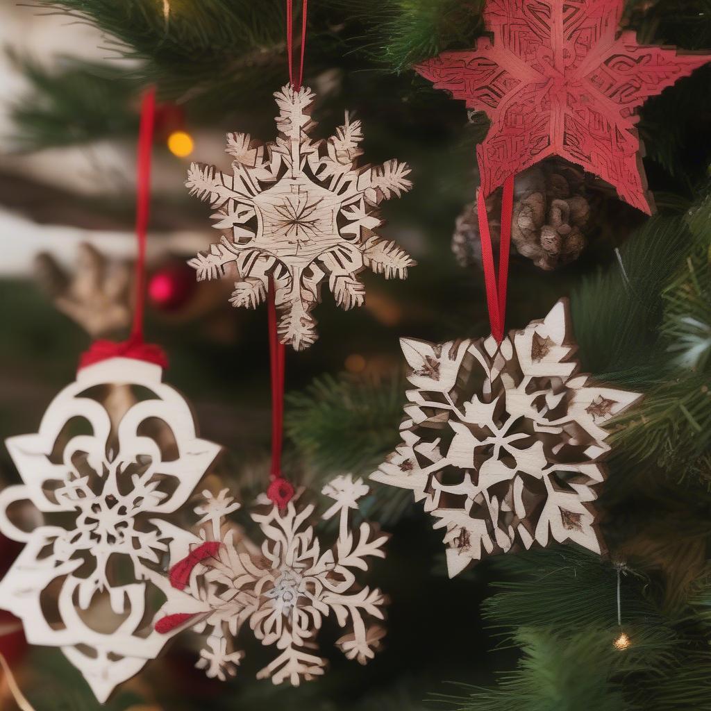 Christmas Decorations Wood Cutouts: Ornaments hanging on a Christmas tree