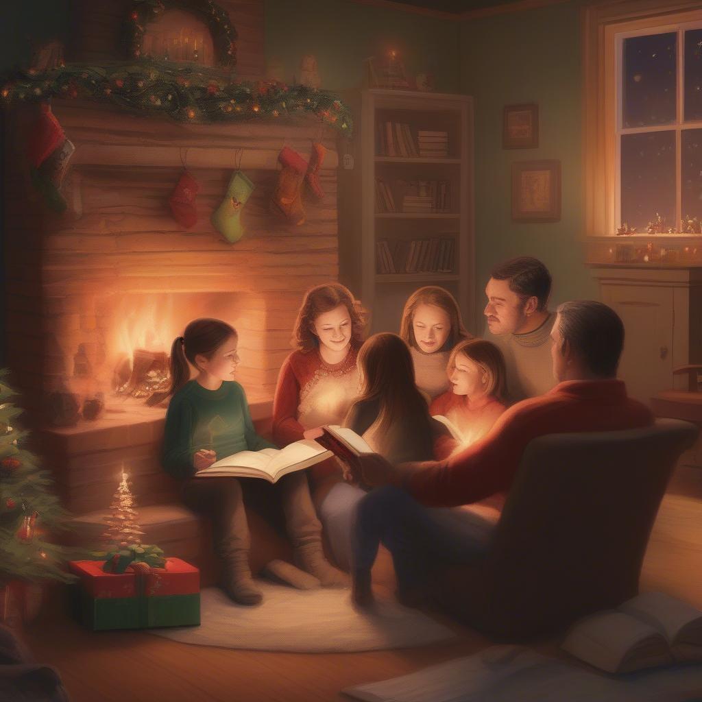 A family gathered around a fireplace on Christmas Eve, reading 'Twas the Night Before Christmas