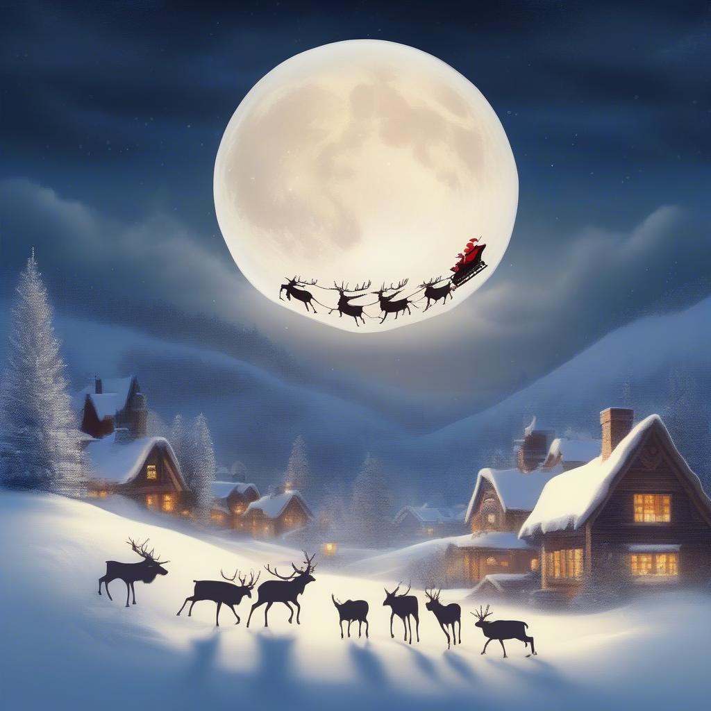 Santa and his reindeer flying over a snowy landscape