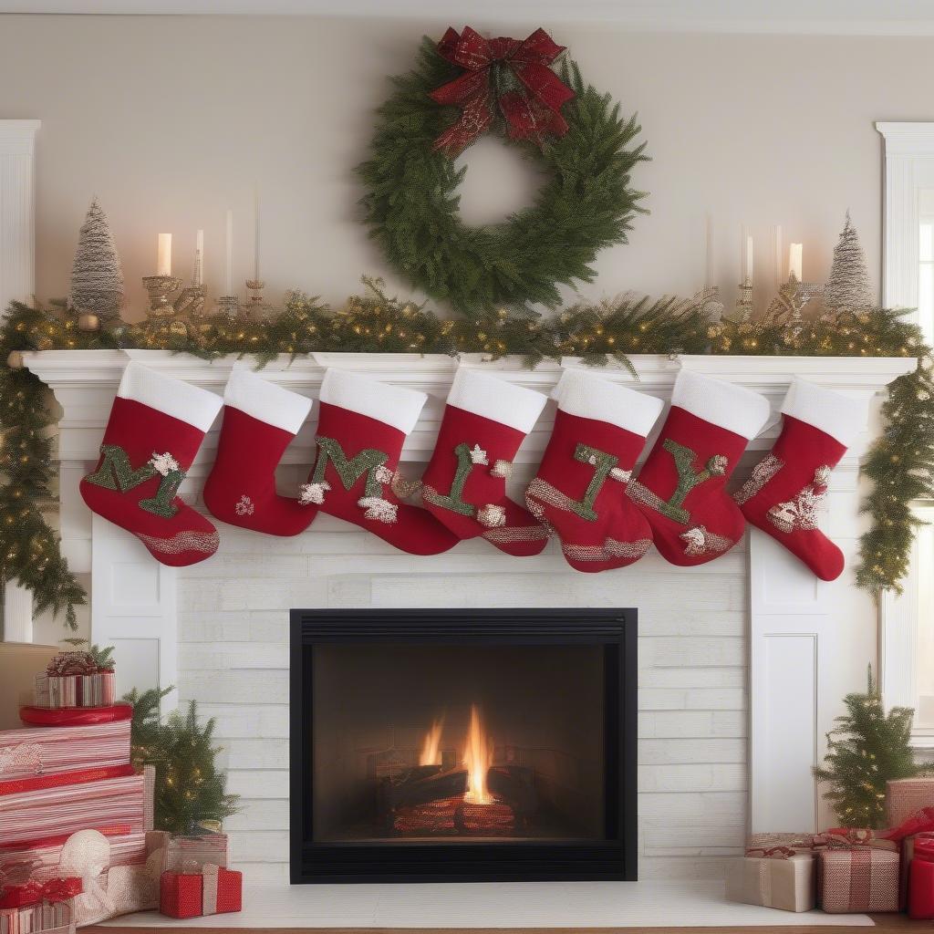 Christmas Family Sign Above Fireplace with Stockings