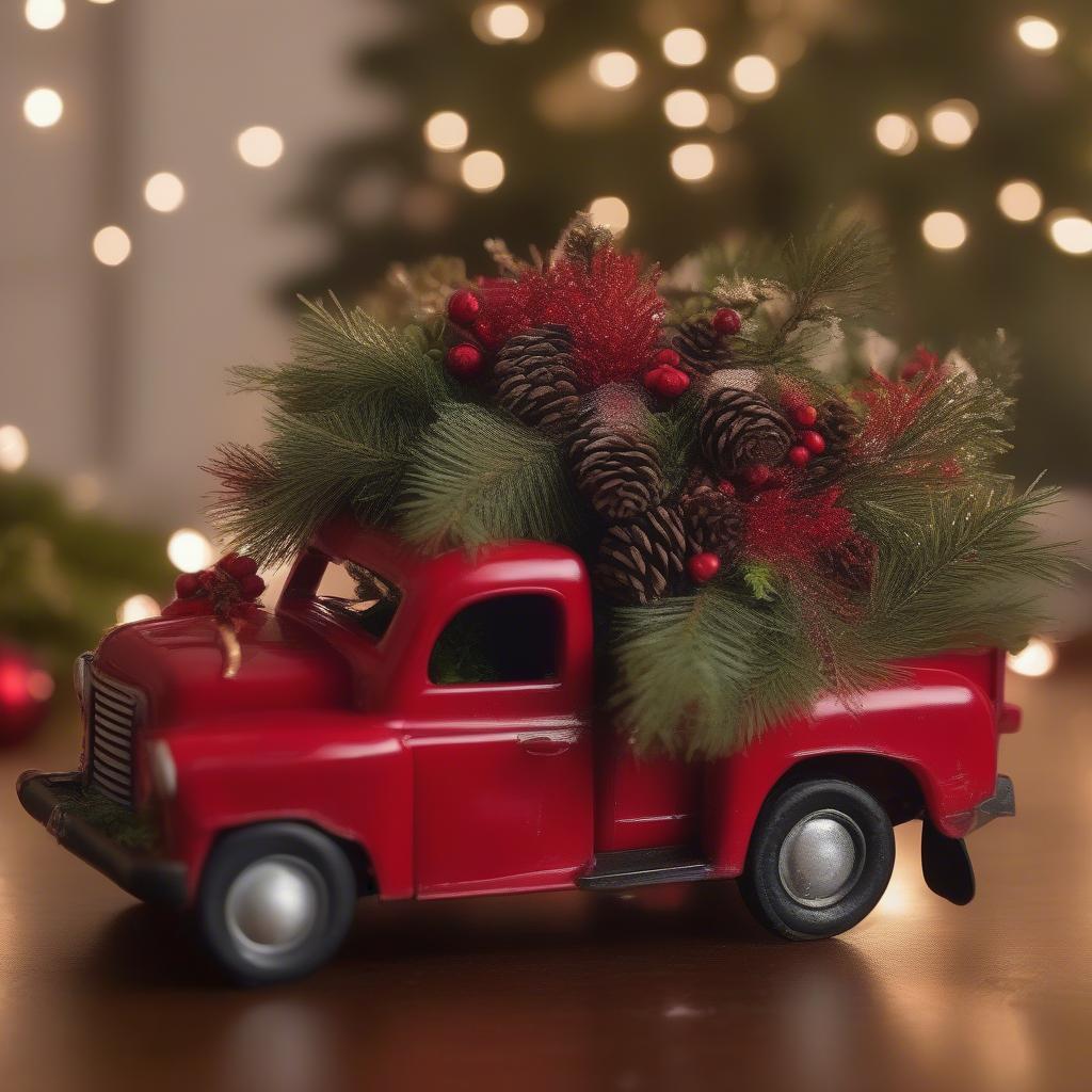 Christmas farm truck decorations with wreaths, pine branches, and fairy lights.