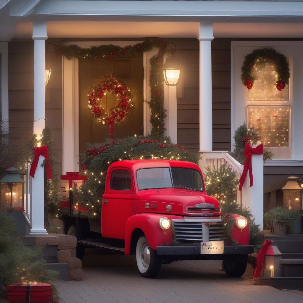 Christmas farm truck on a porch with a Christmas eve sign and other decorations.