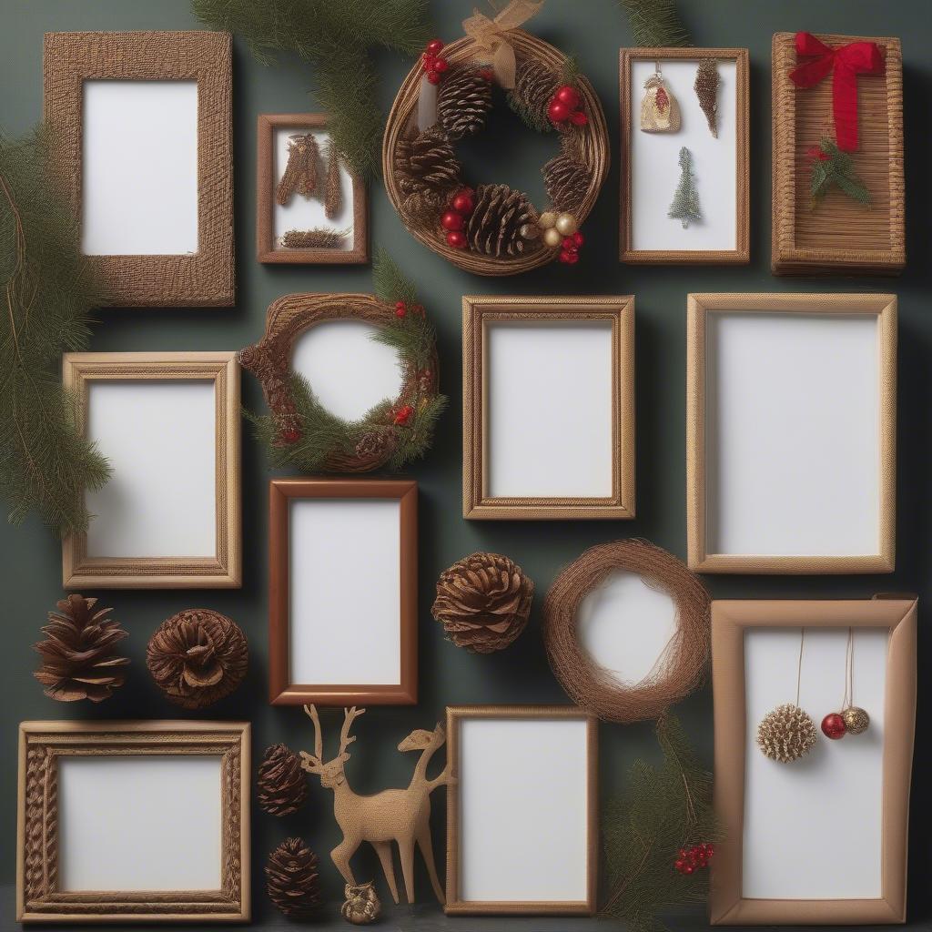 A collage showcasing various Christmas frames available online, including wicker, rattan, wood, and metal options, decorated with festive elements.