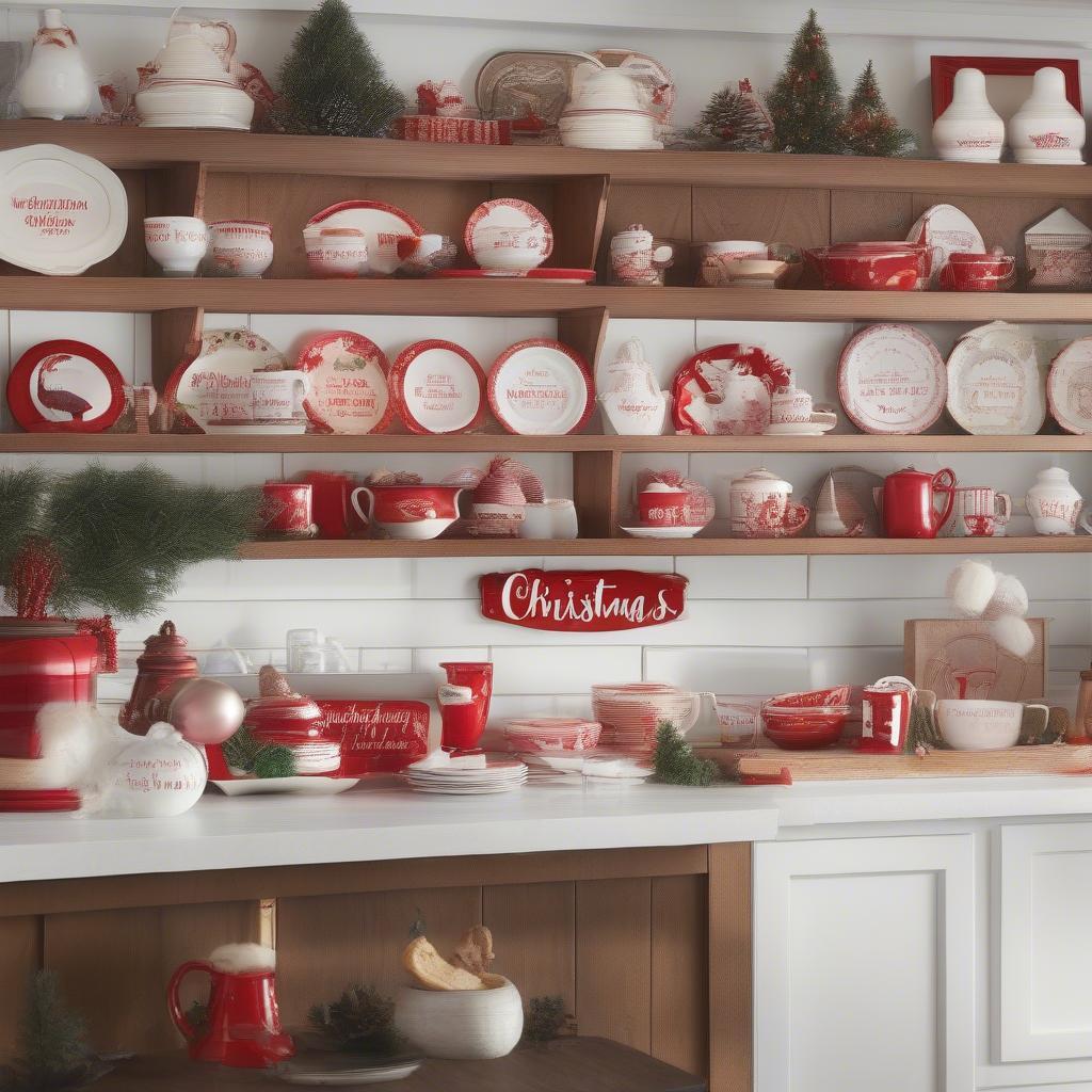 Christmas kitchen signs displayed on open shelving