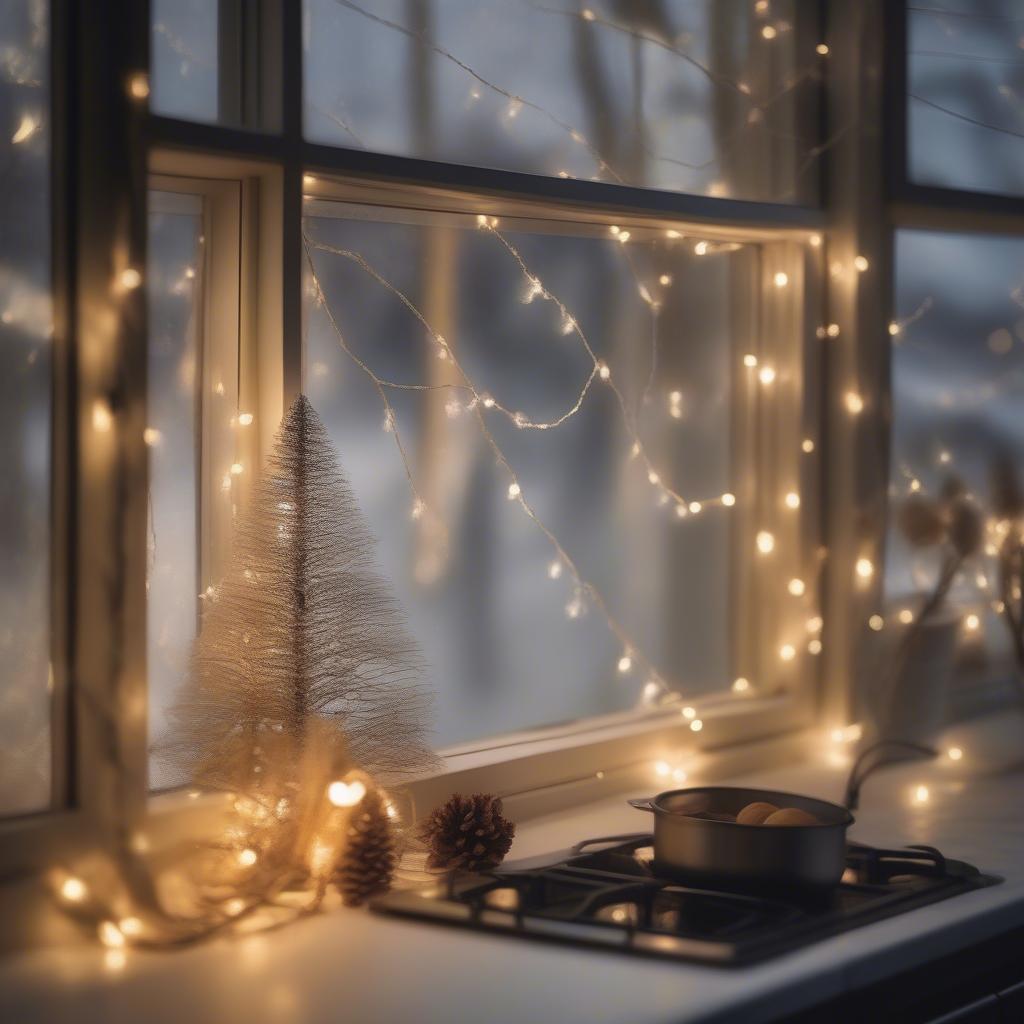 Fairy lights twinkling around a kitchen window