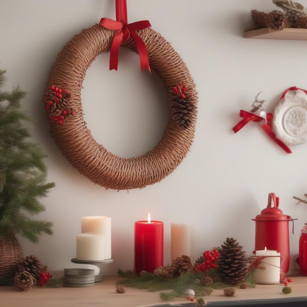 Wicker wreath adorned with pine cones and red berries hanging on a kitchen wall