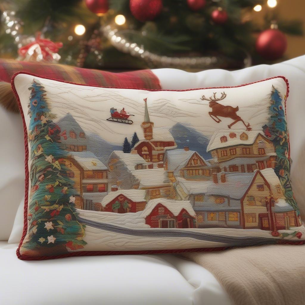 Close-Up of an Embroidered Christmas Lumbar Pillow