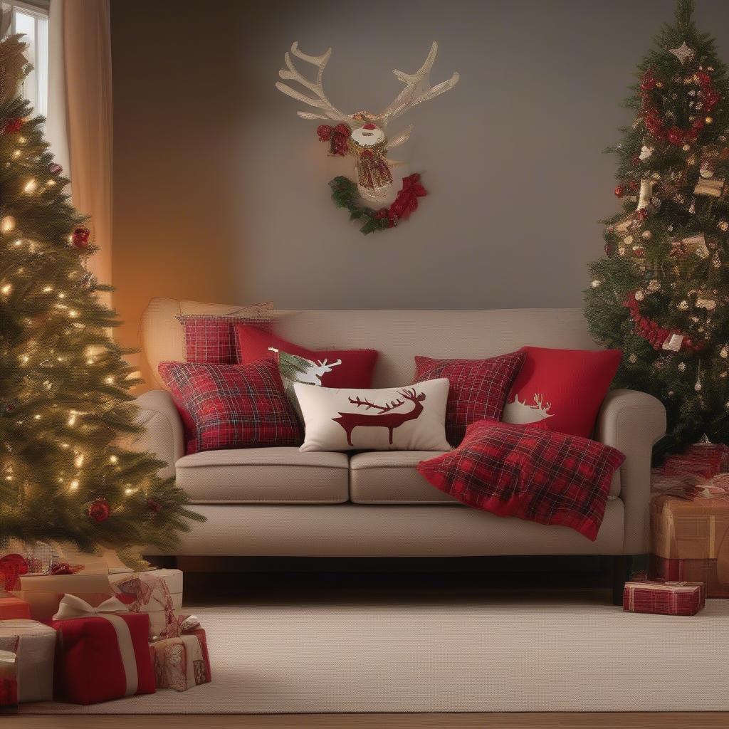 Christmas lumbar pillows add a festive touch to a living room sofa