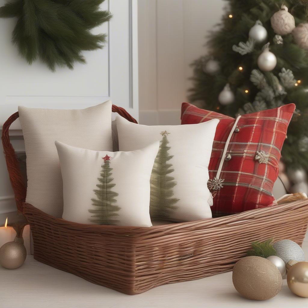 Christmas Lumbar Pillows with a Wicker Basket