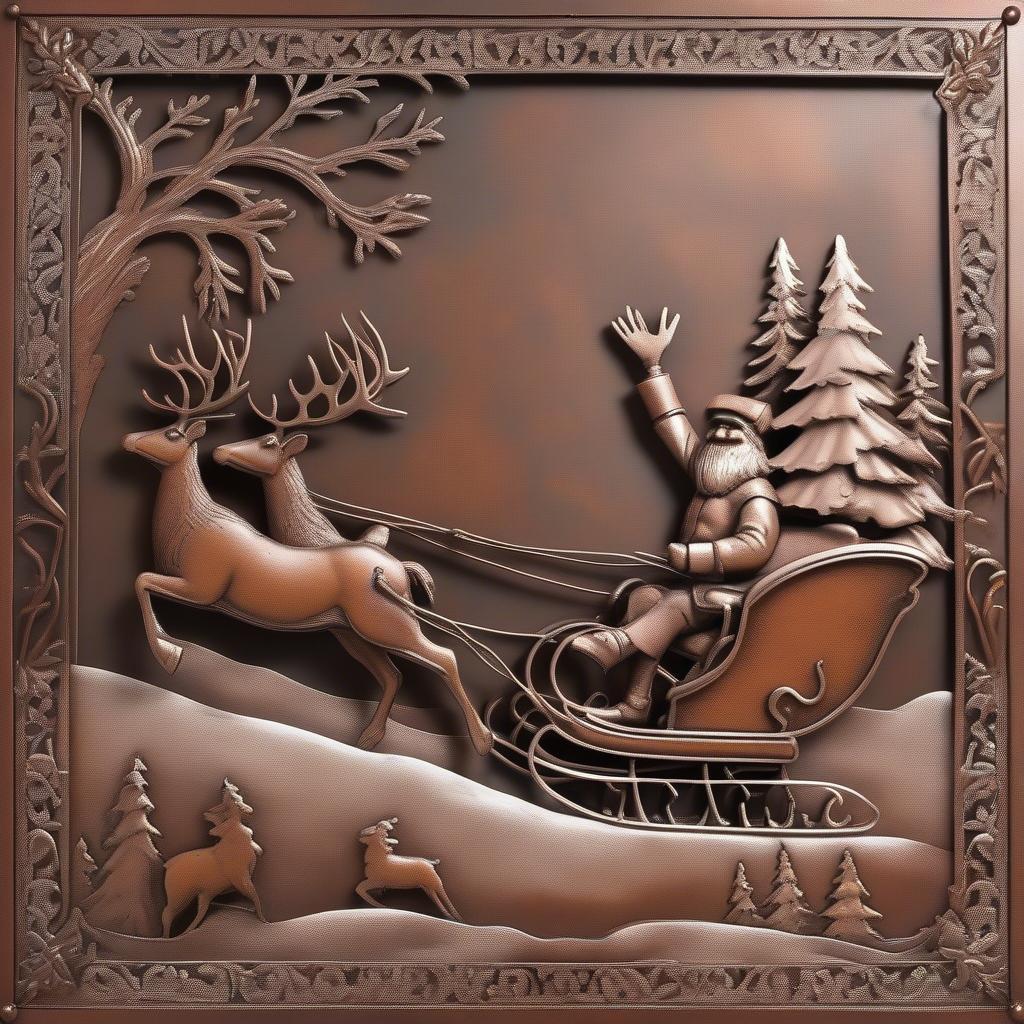 Christmas metal art wall hanging depicting a festive scene with Santa and reindeer