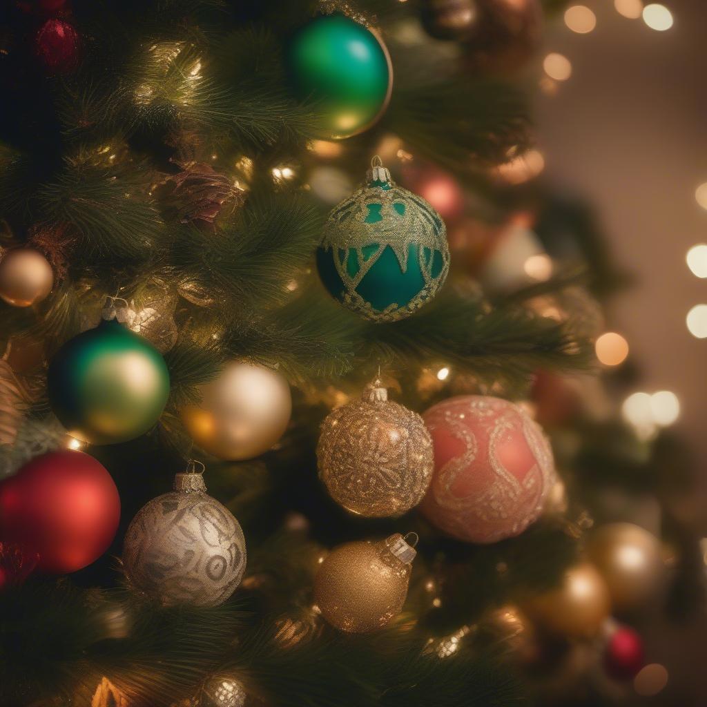 Christmas ornaments hanging on a beautifully decorated tree