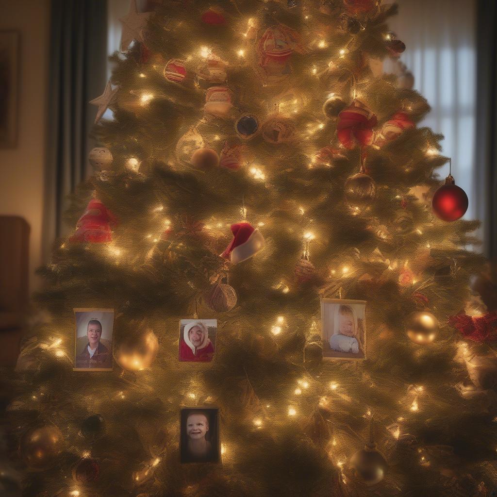 Personalized Christmas ornaments featuring family photos hanging on a Christmas tree.