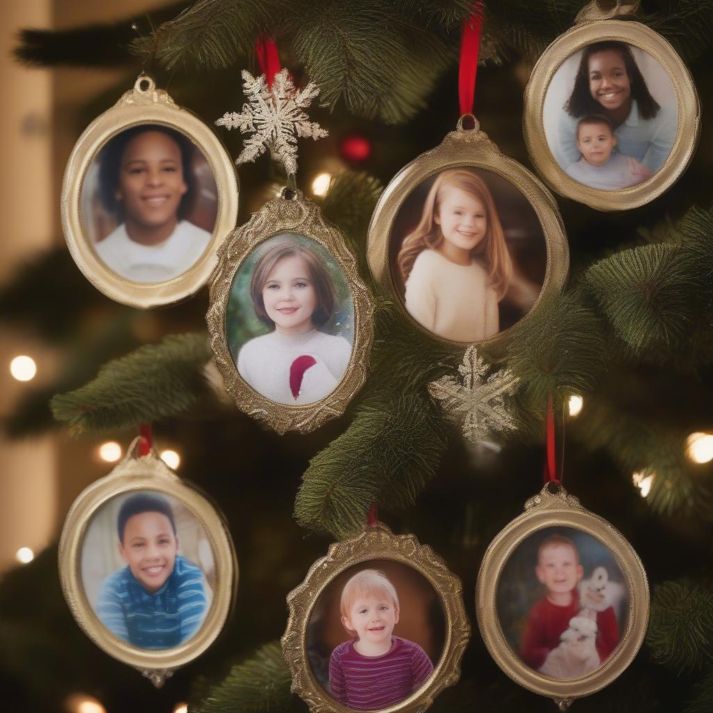 Various Christmas photo ornaments hanging on a decorated tree.