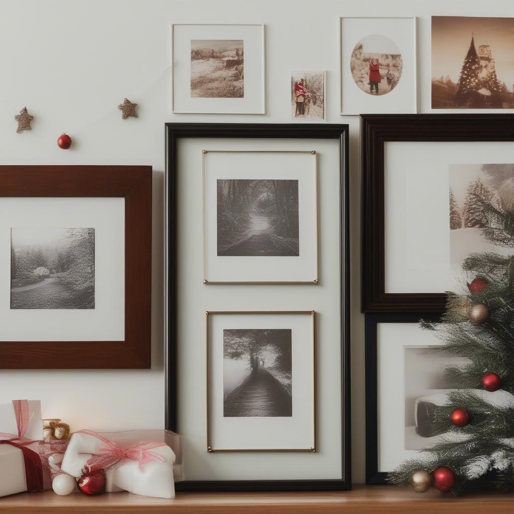 Hanging photos on a Christmas photo wall, using a level and arranging them with decorations.