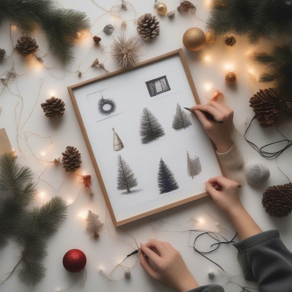 Planning a Christmas photo wall with various photo sizes and decorative elements.