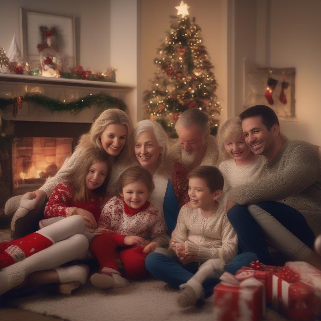 Family gathering around a Christmas tree adorned with picture ornaments