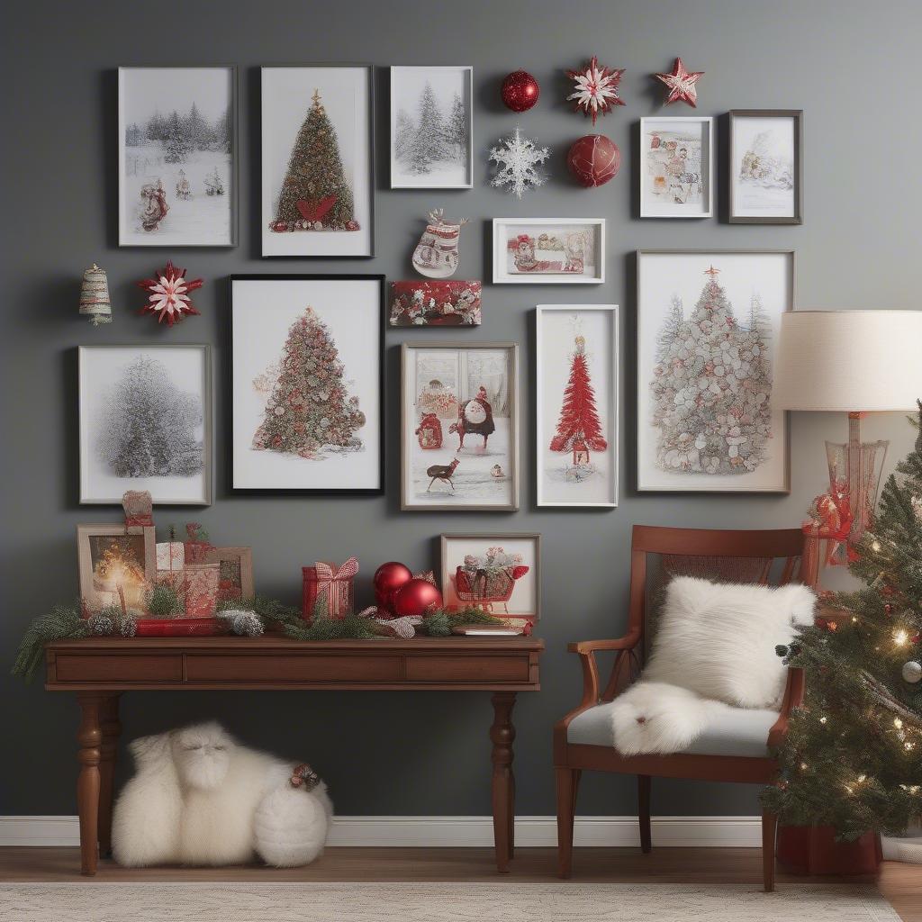 A gallery wall featuring a mix of framed prints, canvas prints, and other decorative Christmas elements.