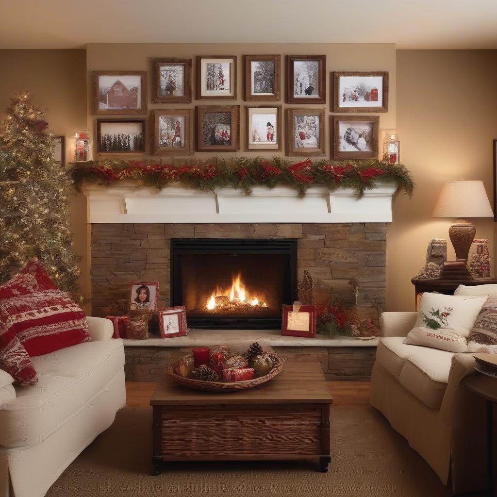 Rustic wicker frames displaying Christmas family photos on a living room wall.