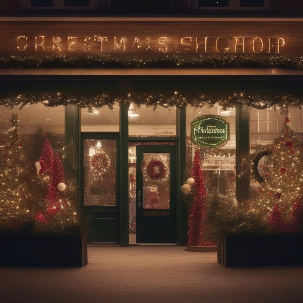 Illuminated Christmas Shop Sign at Night