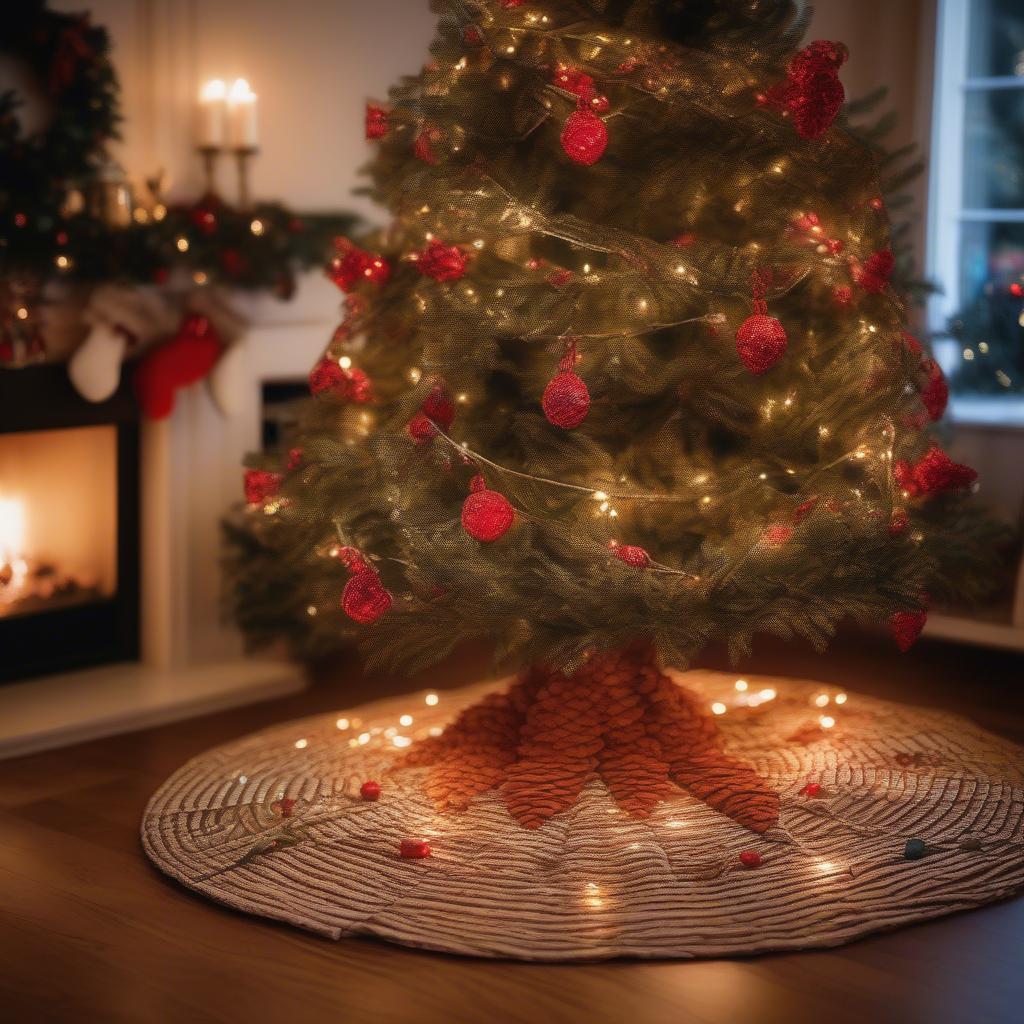 Wicker Christmas Tree Skirt with Festive Decor