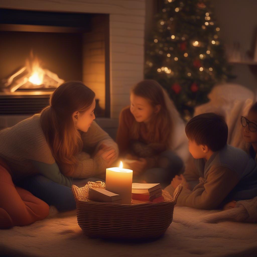 Family Reading Christmas Story by Wicker Basket