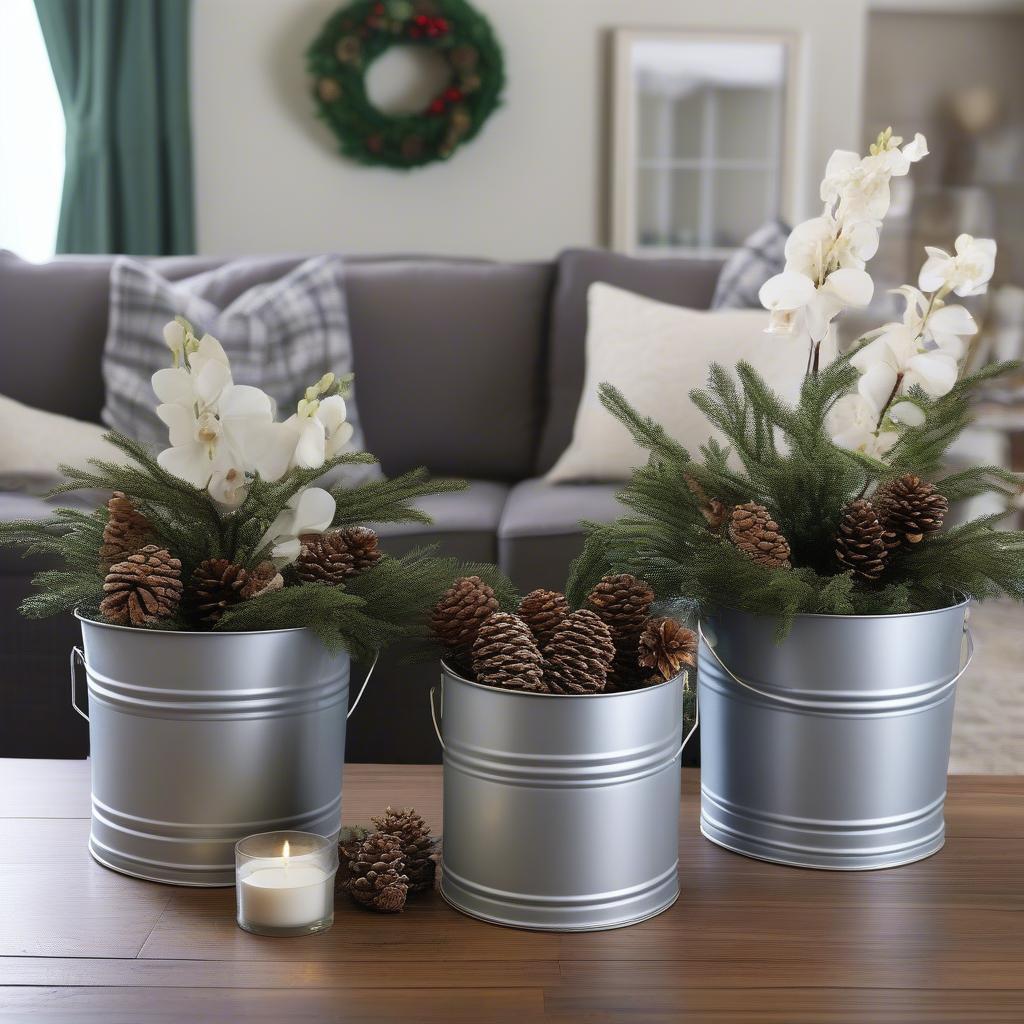 Christmas Tin Buckets in Different Decor Themes