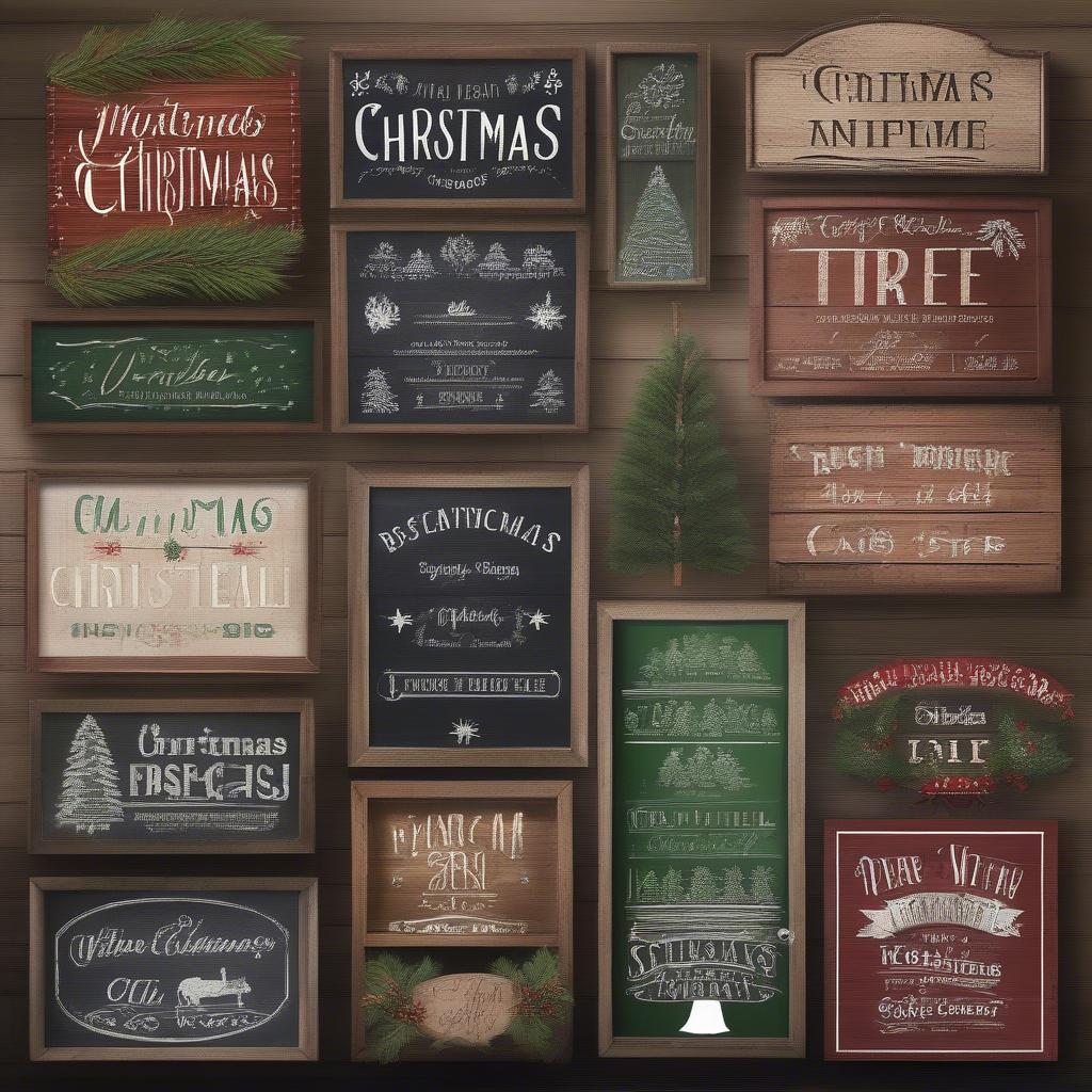 Various Christmas Tree Farm Sign ideas, showcasing different materials, fonts, and festive designs.