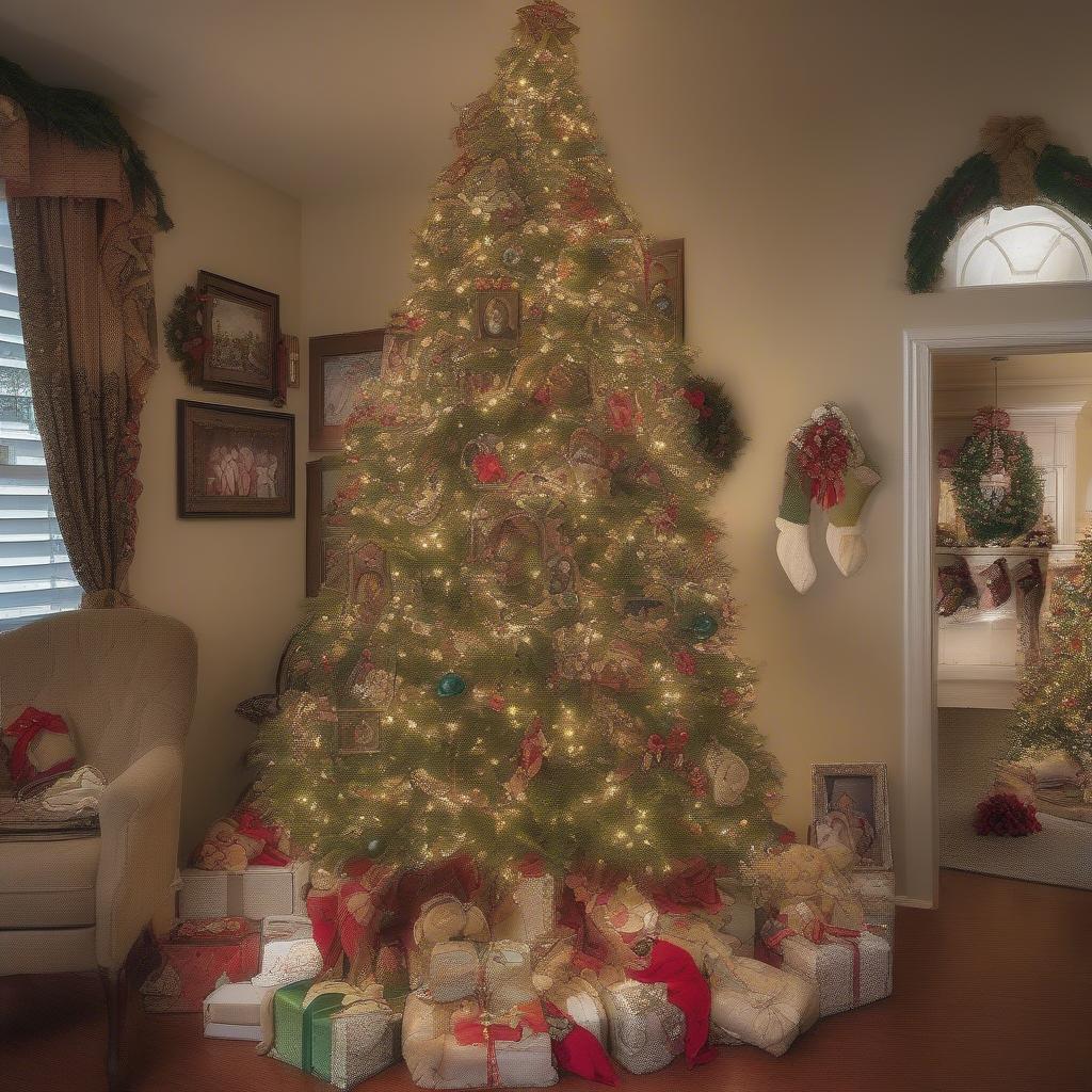 A beautifully decorated Christmas tree showcasing various picture ornaments.