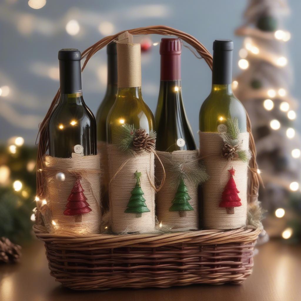 Christmas Tree Wine Bottles in a Wicker Basket