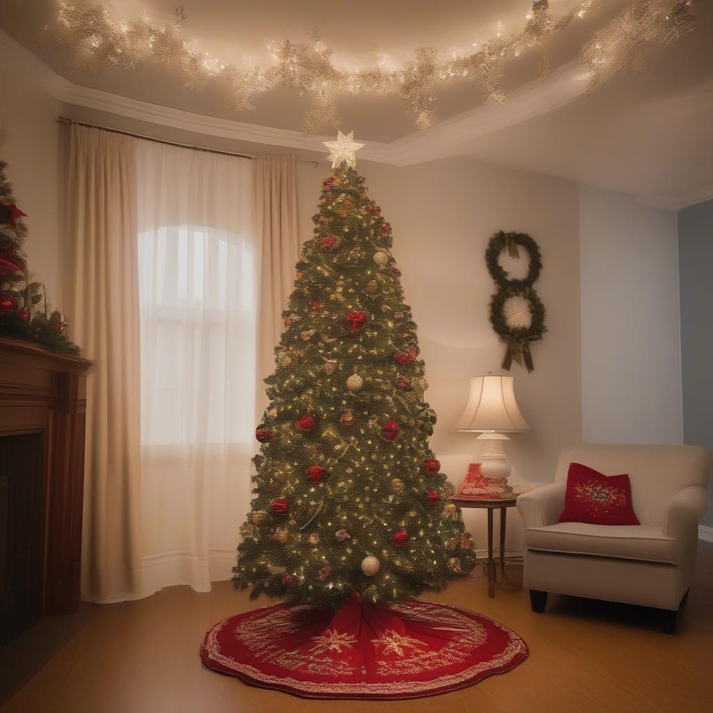 Christmas Tree Adorned with an Embroidered Tree Skirt